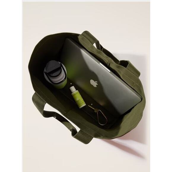 NEW Athleta Logo Canvas Tote Bag Olive Green Reuseable Grocery Travel Gym Beach - Picture 3 of 4